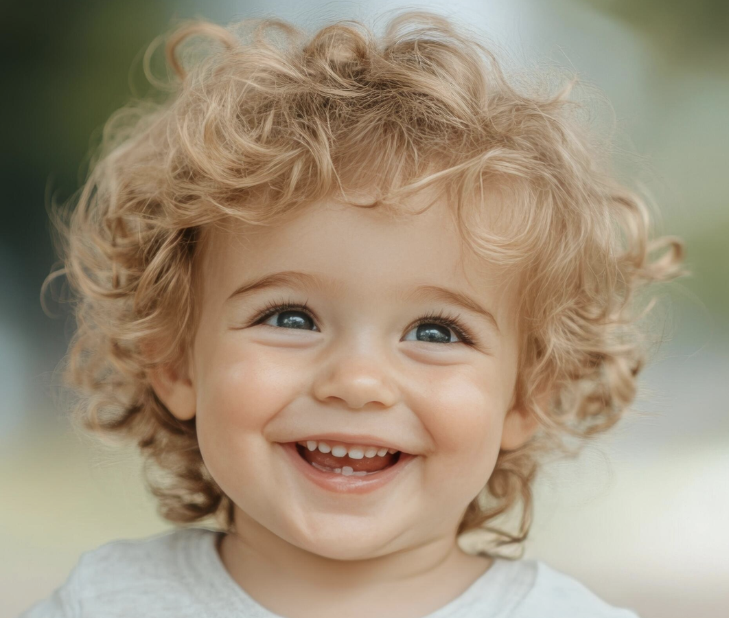 A smiling toddler with curly hair